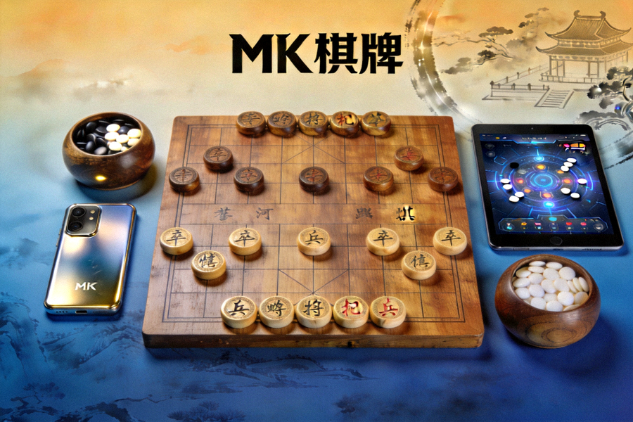 MK棋牌品牌展示——融合中国传统棋类文化与现代电子竞技风格的品牌形象照片，画面中可见棋盘棋子和智能设备